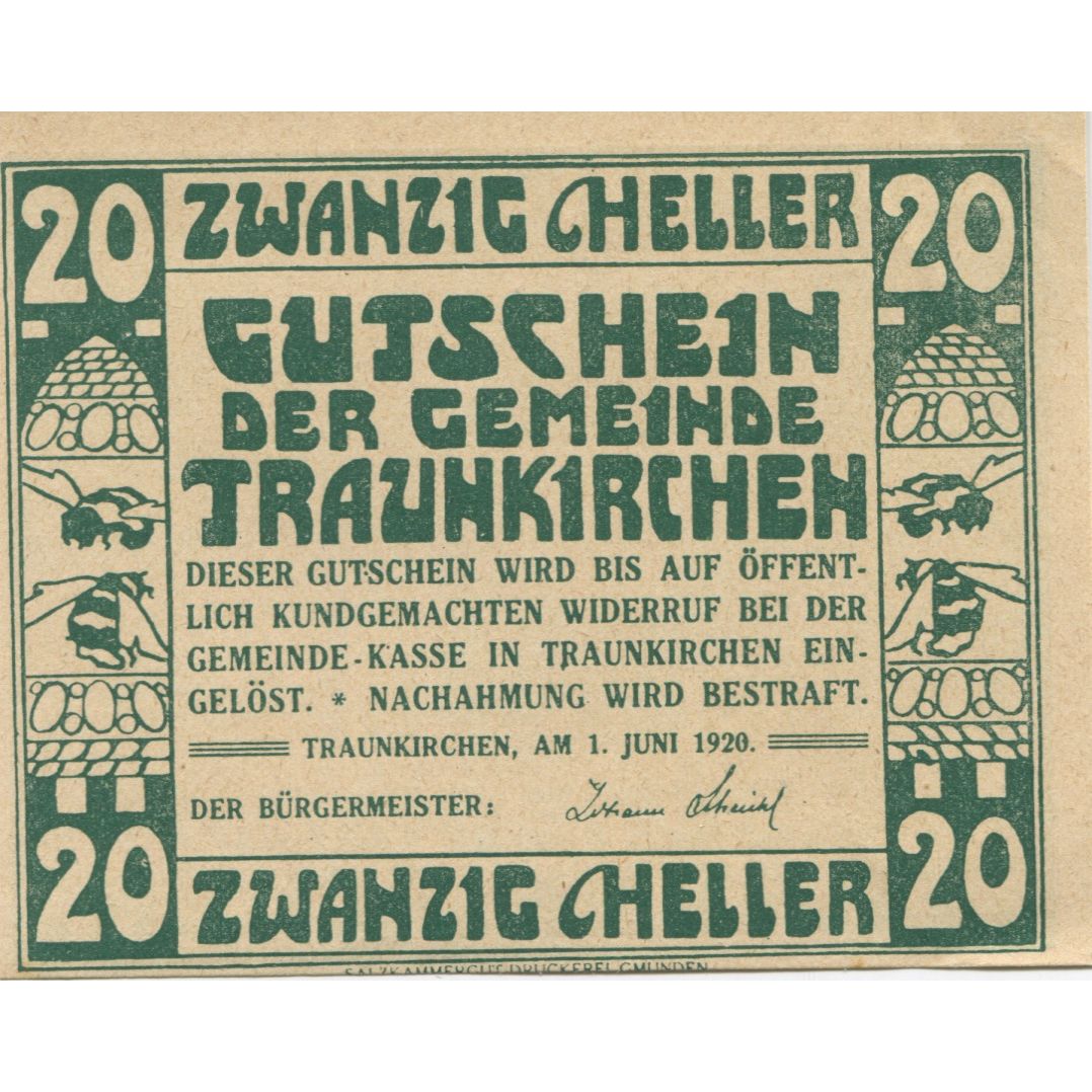 Banknote, Austria, Traunkirchen, 20 Heller castle 1920, UNC(63), Mehl:FS 1081