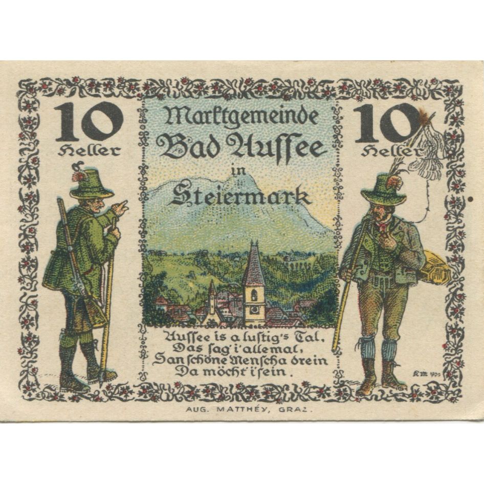 Banknote, Austria, Bad Aussee, 10 Heller, village, 1920 UNC(63) Mehl:FS 73
