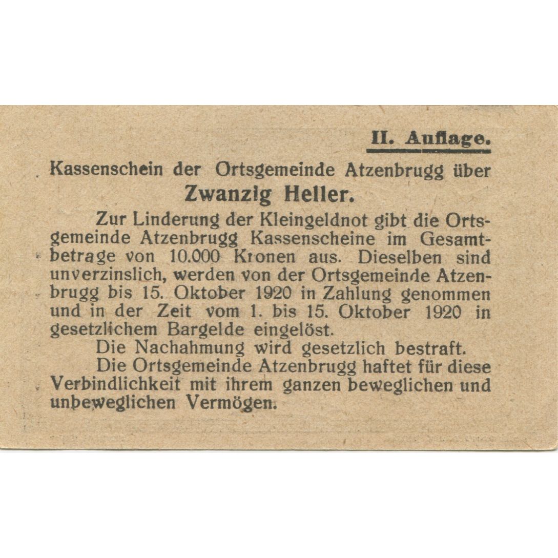 Banknote, Austria, Atzenbrugg, 20 Heller, Maison, 1920 UNC(63) Mehl:FS 63IIa