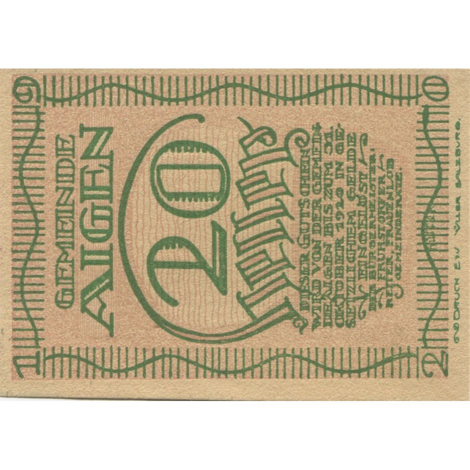 Nota, Áustria, Aigen, 20 Heller, paysage 1920-12-31, UNC(63), Mehl:FS 13a