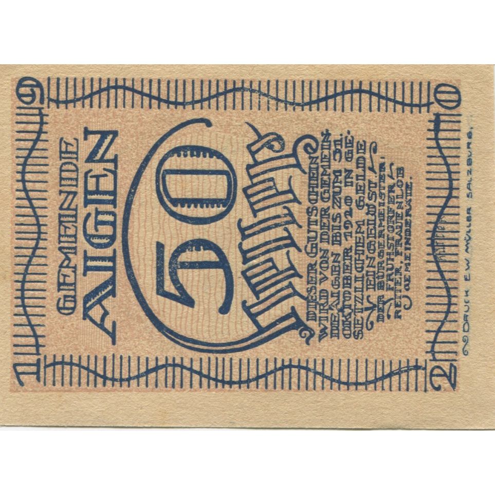 Nota, Áustria, Aigen, 50 Heller, champs, 1920, 1920-12-31, UNC(63), Mehl:FS 13a