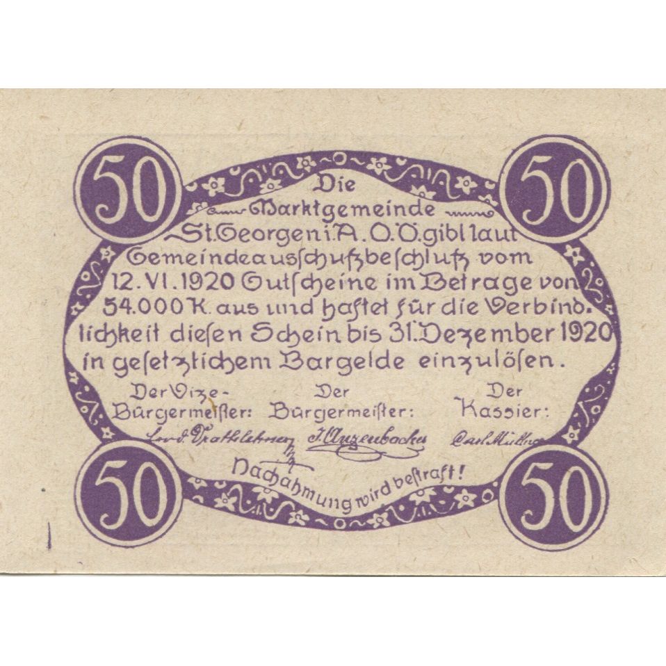 Geldschein, Österreich, St Georgen, 50 Heller, chien, 1920 UNZ- Mehl:FS 888IIa