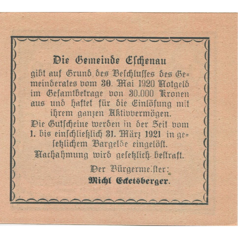 Banknote, Austria, Eschenau, 10 Heller, champs, 1921 UNC(63) Mehl:FS 187a