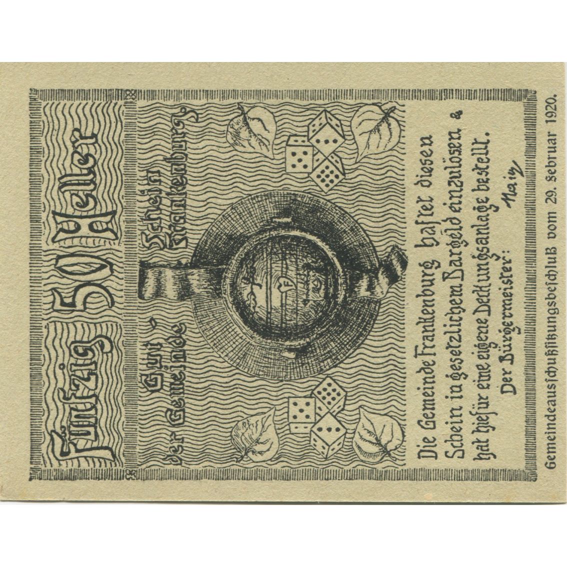 Banknote, Austria, Frankenburg, 50Heller, personnage, 1920 UNC(63) Mehl:FS 206Ib