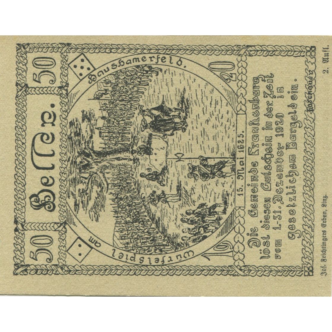 Banknote, Austria, Frankenburg, 50Heller, personnage, 1920 UNC(63) Mehl:FS 206Ib