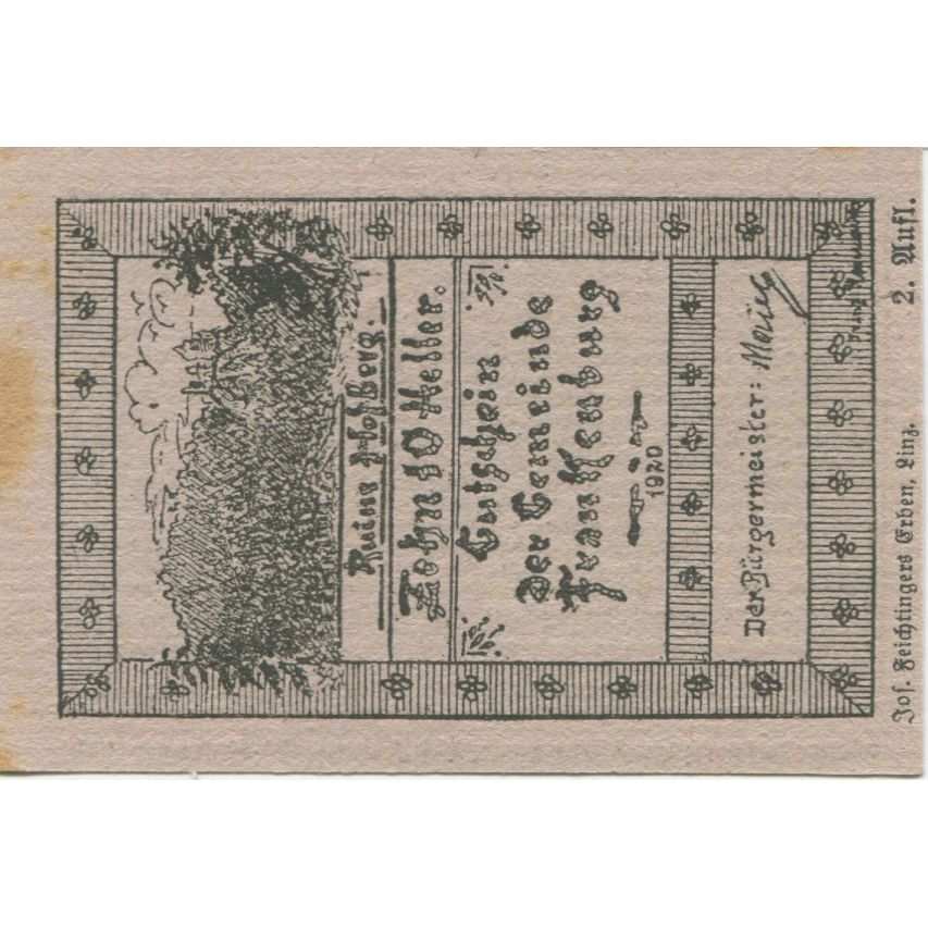 Banknote, Austria, Frankenburg, 10 Heller, Blason, 1920 AU(55-58) Mehl:FS 206Ic