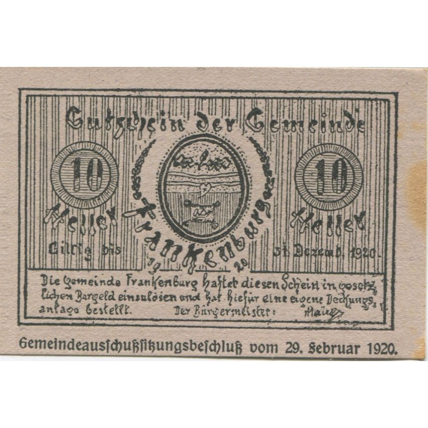 Banknote, Austria, Frankenburg, 10 Heller, Blason, 1920 AU(55-58) Mehl:FS 206Ic