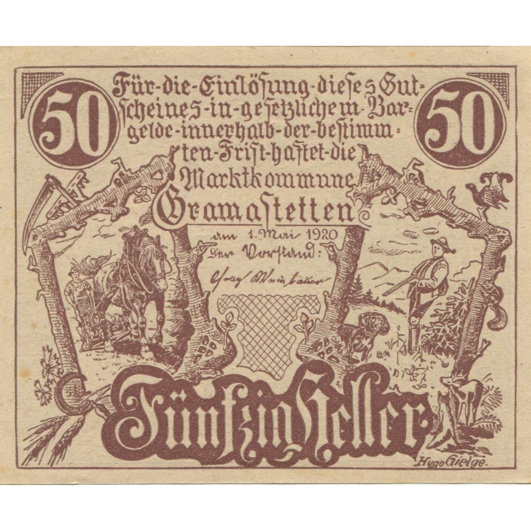 Banknote, Austria, Gramastetten, 50 Heller, portrait, 1920, UNC(63) Mehl:FS 256