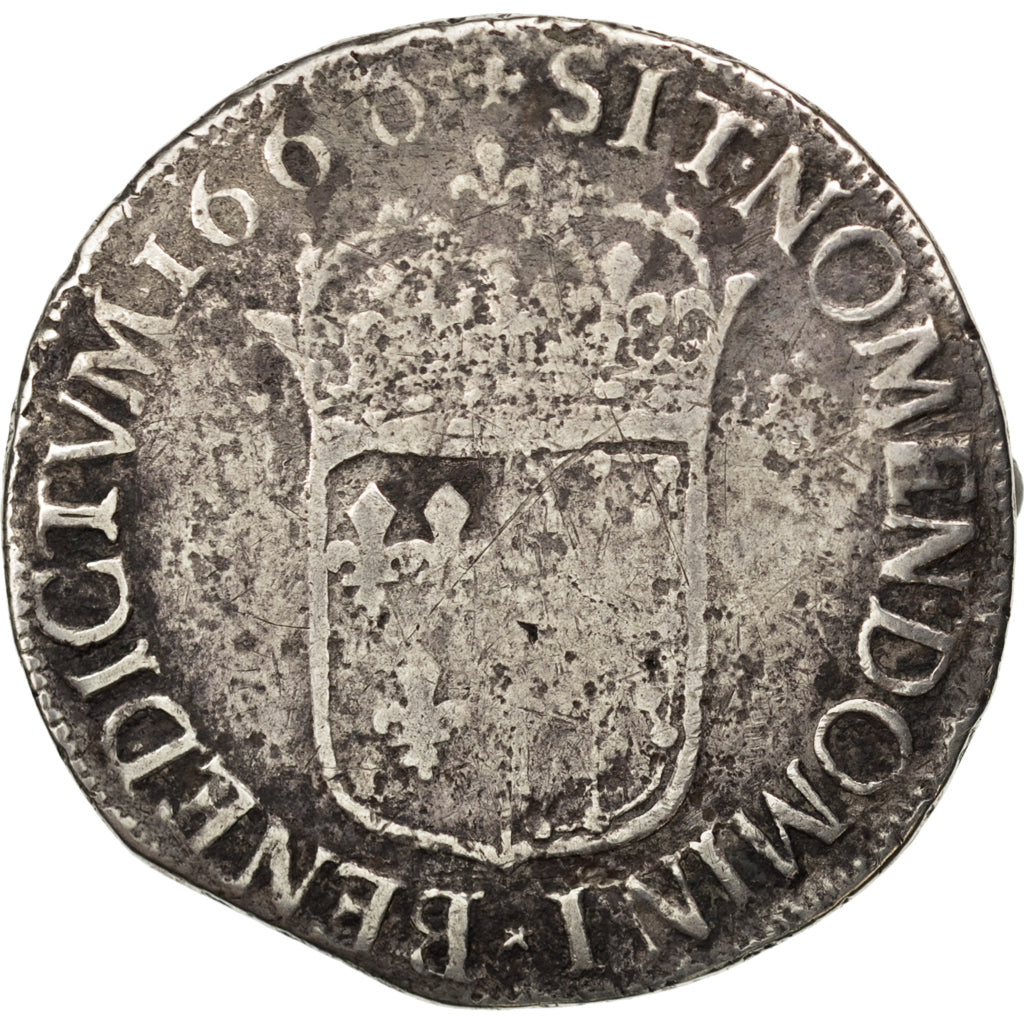 FRANCE, Écu de Navarre à la mèche longue, ECU, 1660, Saint Palais, KM #180, VG(8