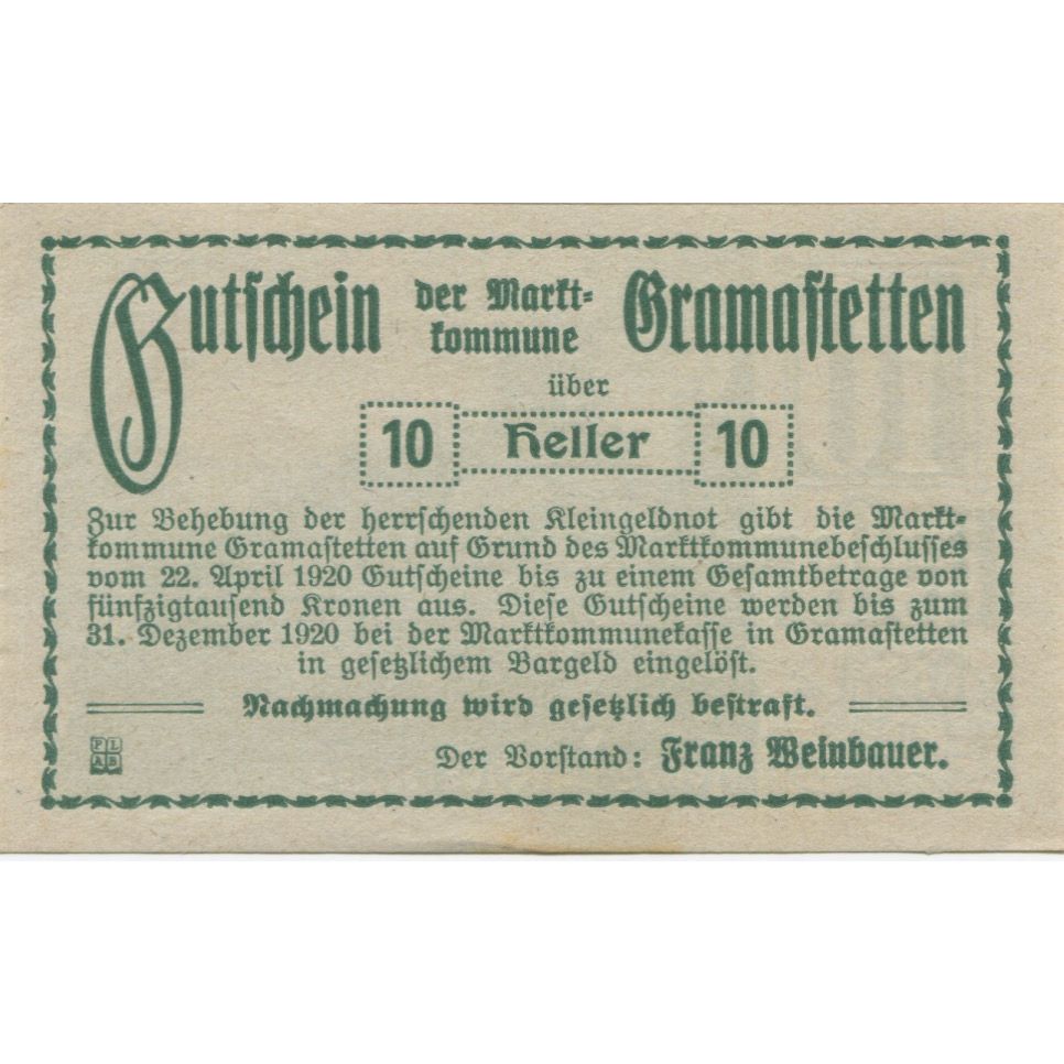 Biljet, Oostenrijk, Gramastetten, 10 Heller, ruine 1920-05-01, SPL Mehl:FS 256