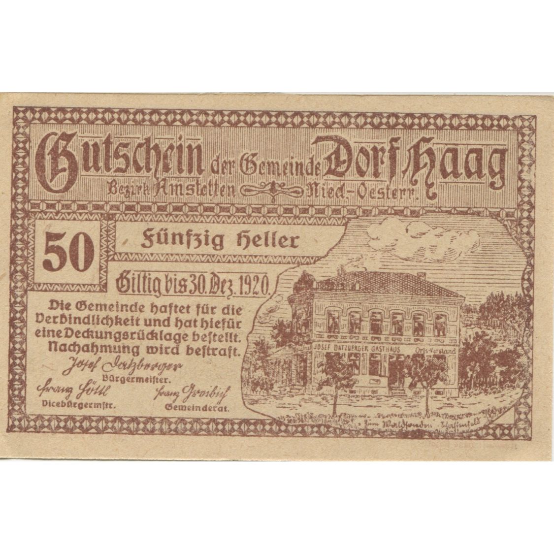 Banknote, Austria, Dorf Haag, 50 Heller, château, 1920 UNC(63) Mehl:FS 317c