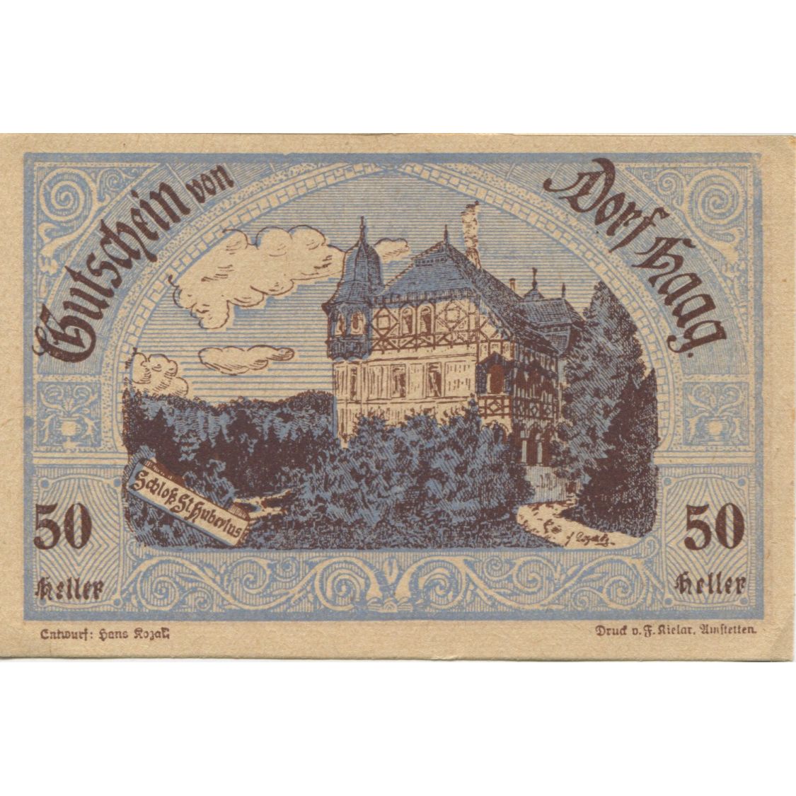 Banknote, Austria, Dorf Haag, 50 Heller, château, 1920 UNC(63) Mehl:FS 317c