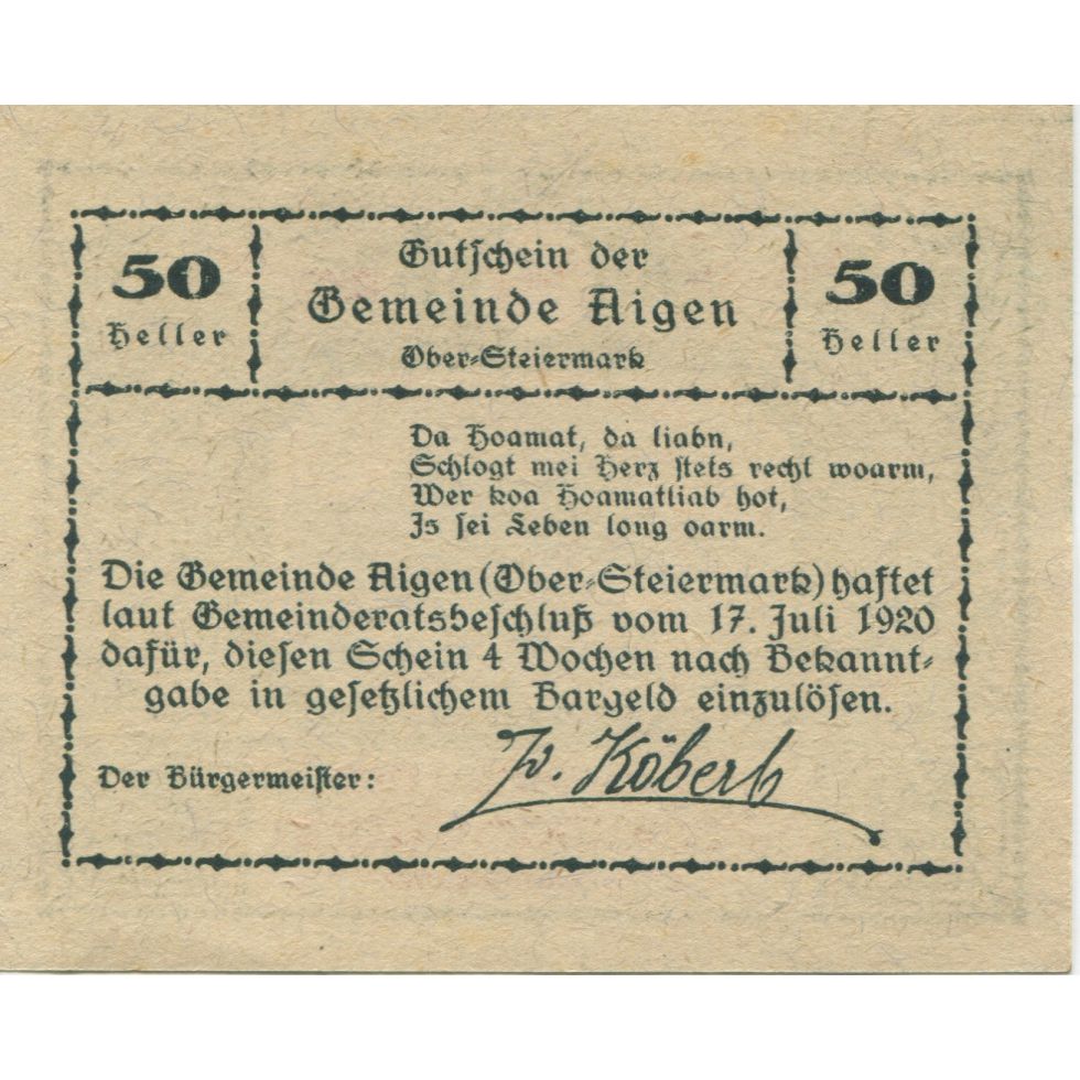 Banknote, Austria, Aigen, 50 Heller, montagne 1920-07-17, UNC(63) Mehl:FS 14a