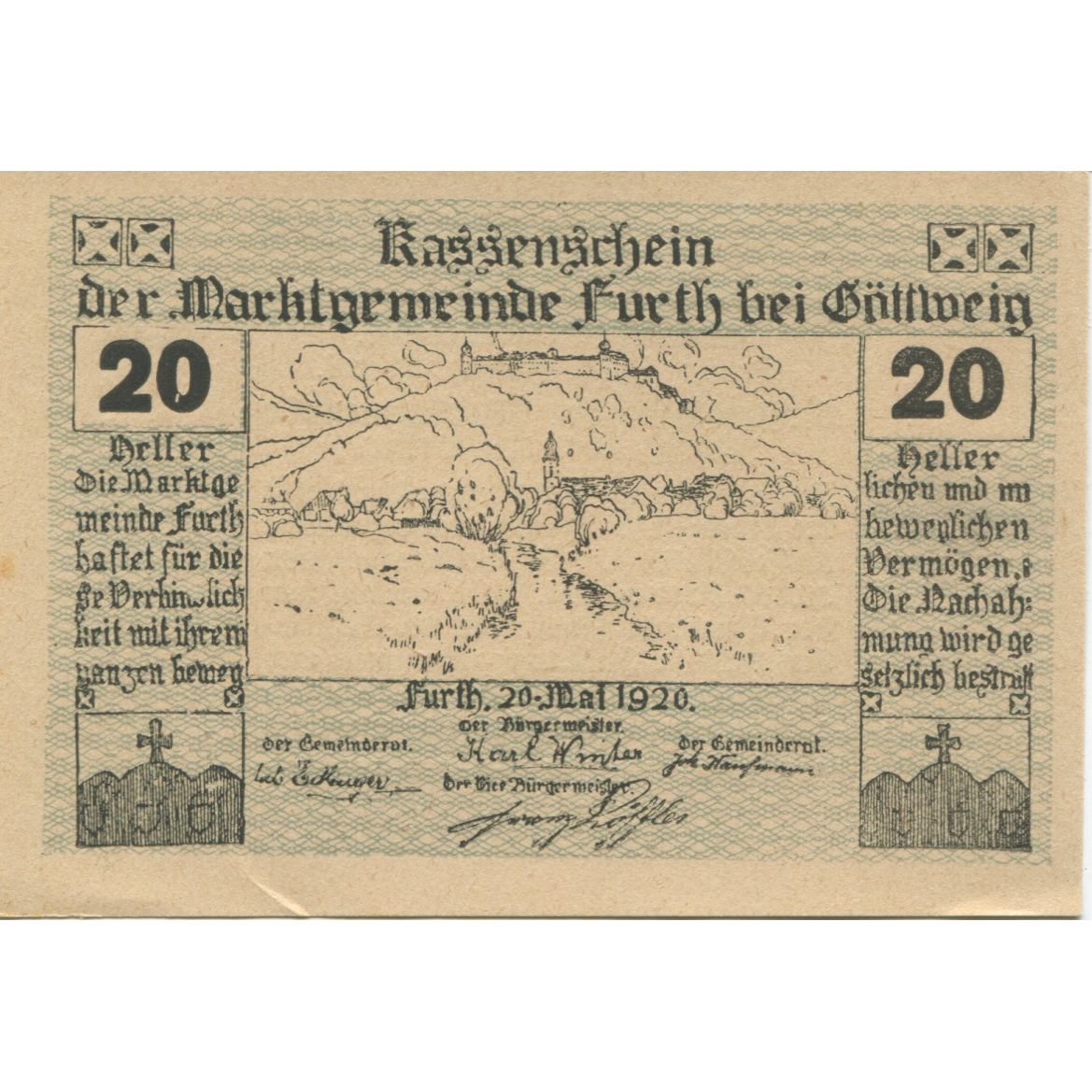 Banknote, Austria, Furth, 20 Heller, paysage 1920-09-30, UNC(63), Mehl:FS 214b