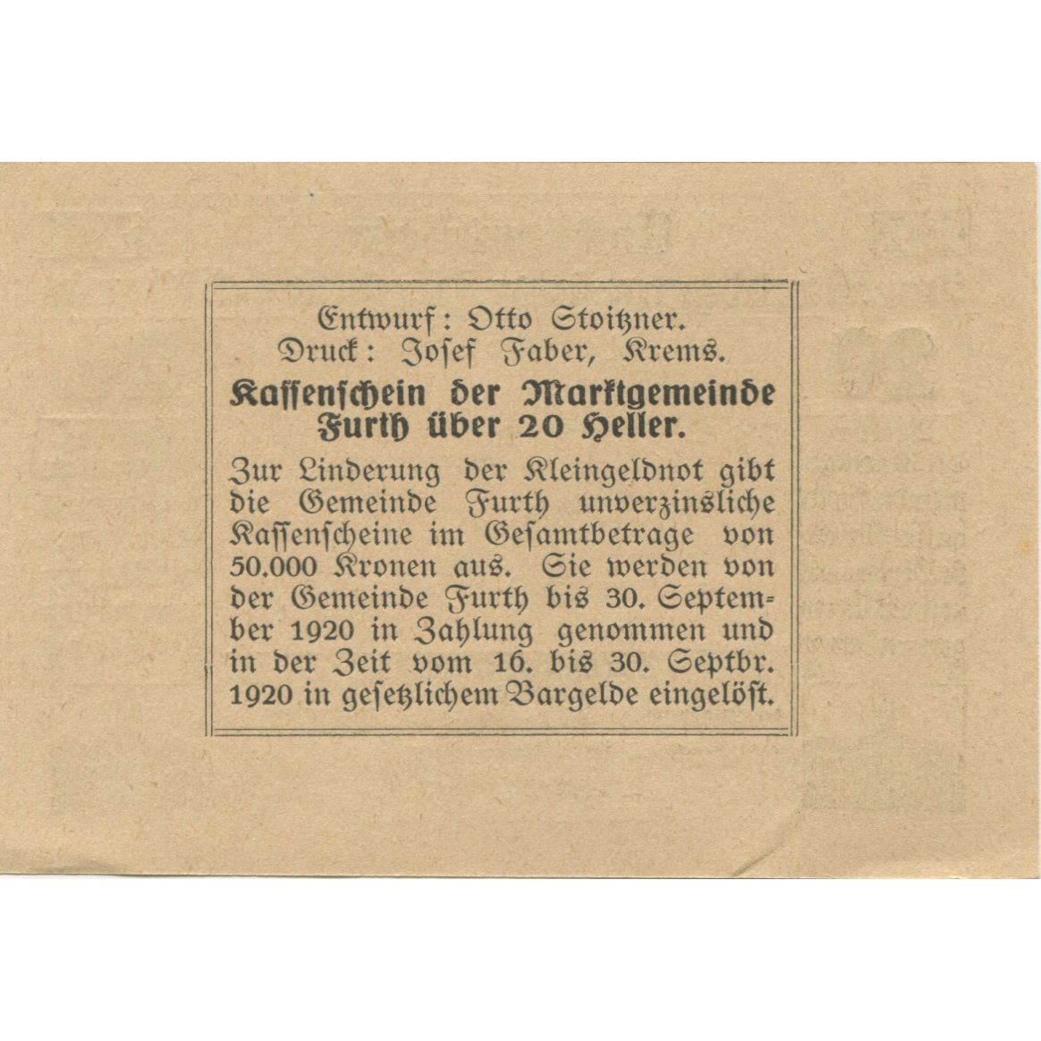 Banknote, Austria, Furth, 20 Heller, paysage 1920-09-30, UNC(63), Mehl:FS 214b