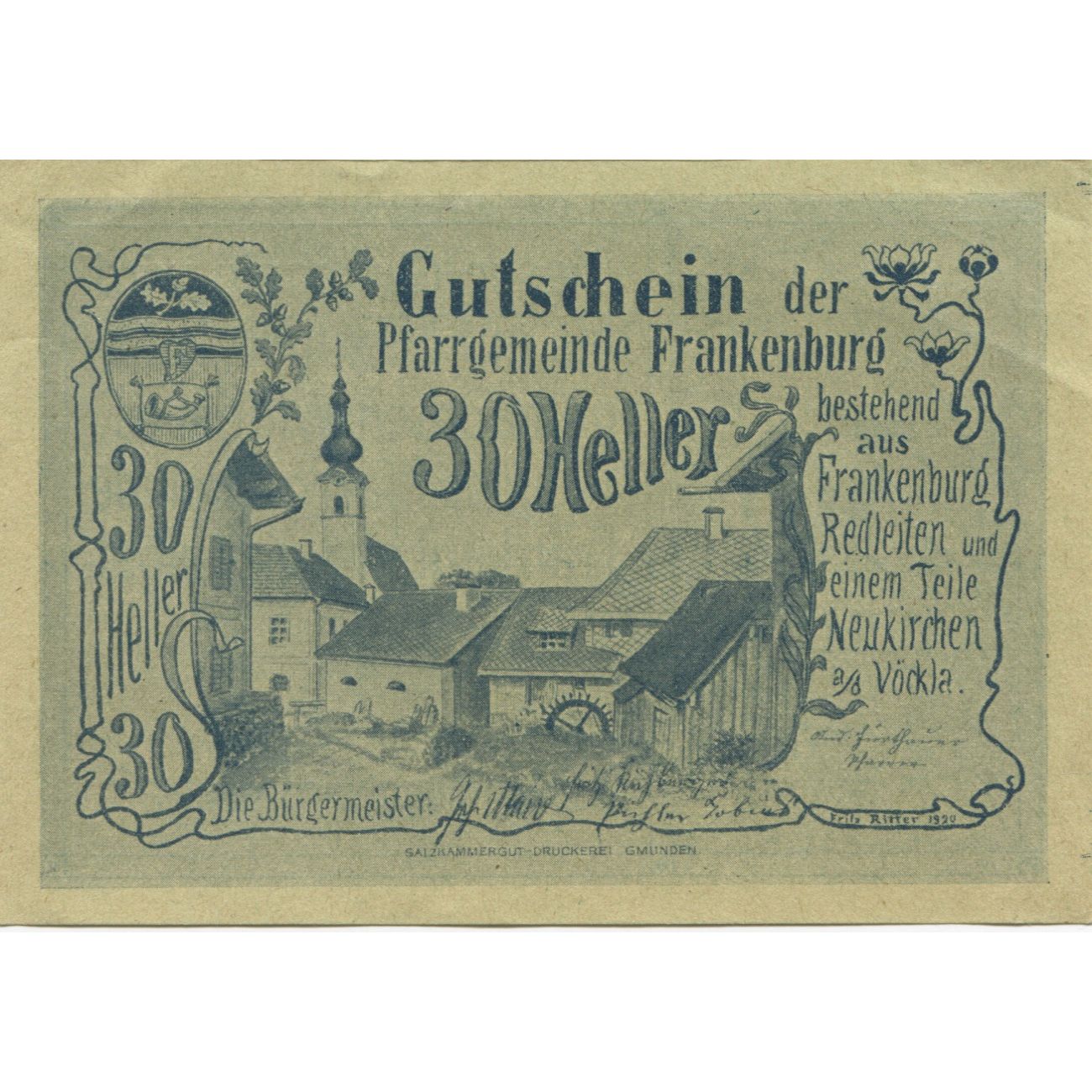 Banknote, Austria, Frankenburg, 30 Heller, village, 1920 UNC(63) Mehl:FS 207b