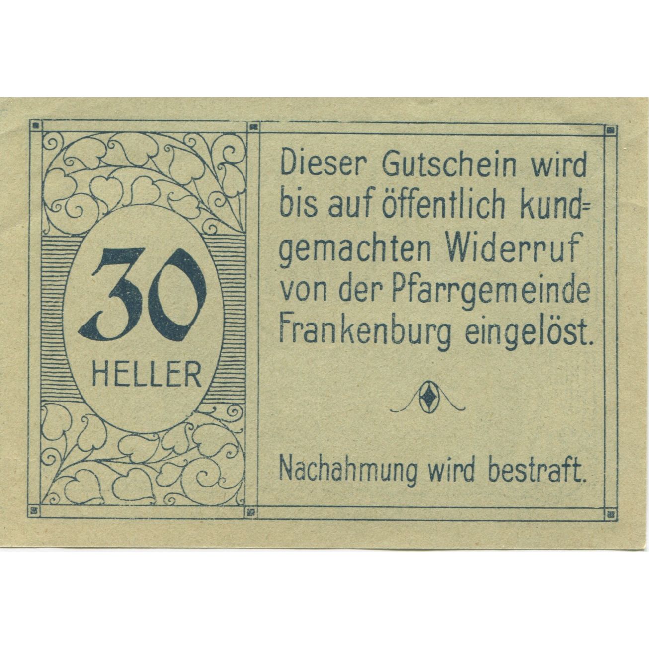 Banknote, Austria, Frankenburg, 30 Heller, village, 1920 UNC(63) Mehl:FS 207b
