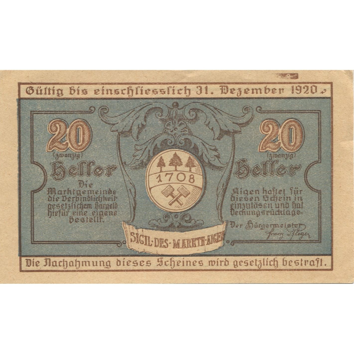 Banknote, Austria, Aigen, 20 Heller, Blason 1920-12-31, UNC(63), Mehl:FS 12I