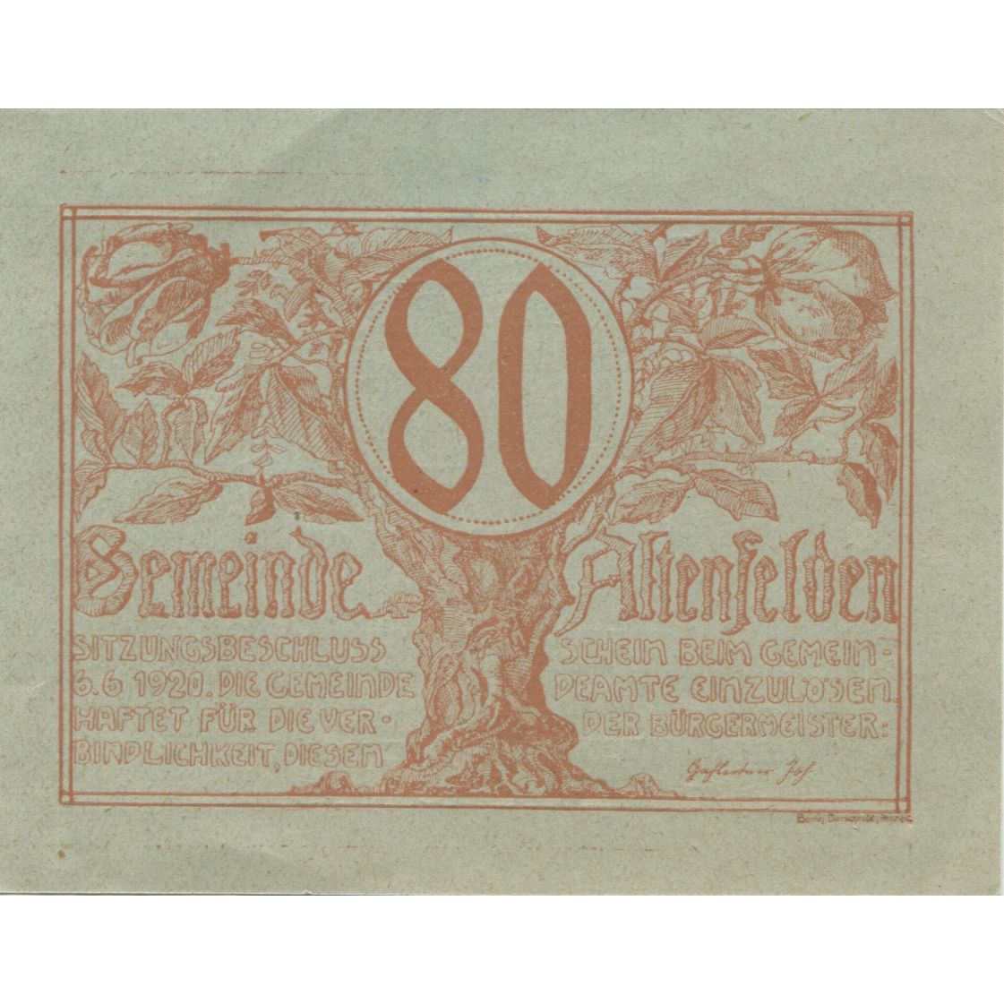Banknote, Austria, Altenfelden, 80 Heller, paysage, 1920 UNC(63) Mehl:FS 27Ic