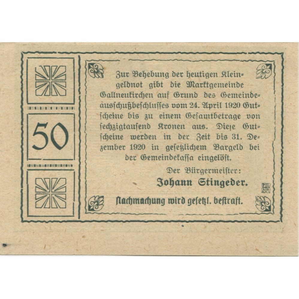 Banknote, Austria, Gallneukirchen, 50 Heller, Blason, 1920 UNC(63) Mehl:FS 218a