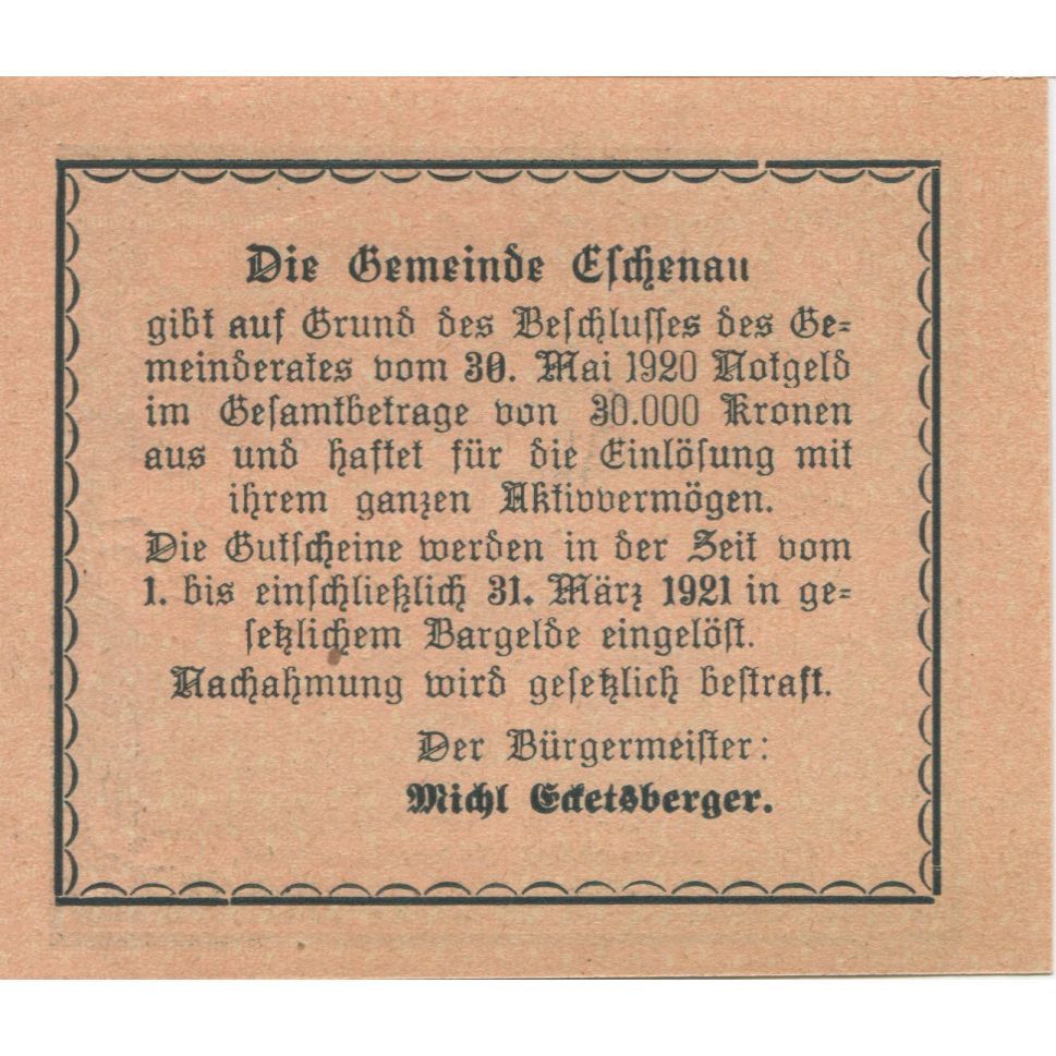 Banknote, Austria, Eschenau, 10 Heller, champs, 1920 UNC(63) Mehl:FS 188b