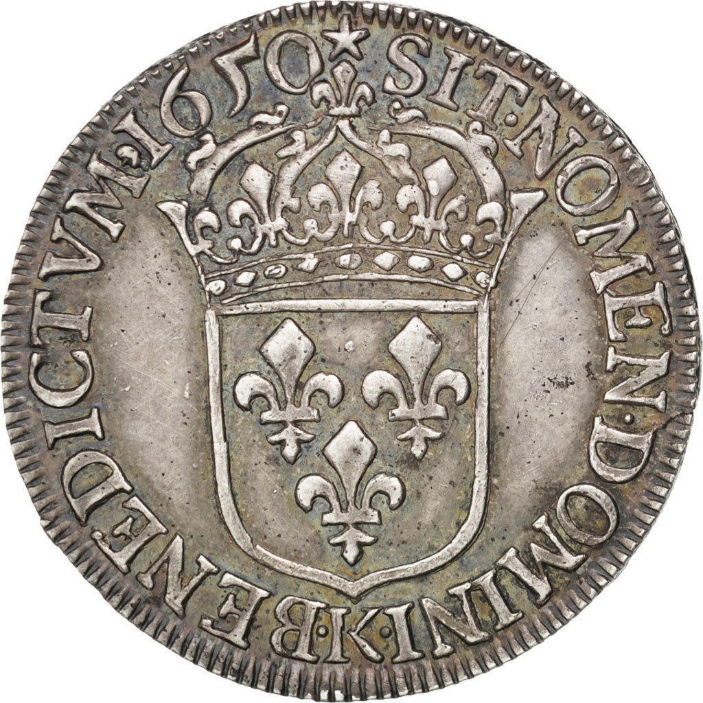FRANCE, 1/2 Écu à la mèche longue, 1/2 ECU, 1650, Bordeaux, KM #164.11, AU(50-53
