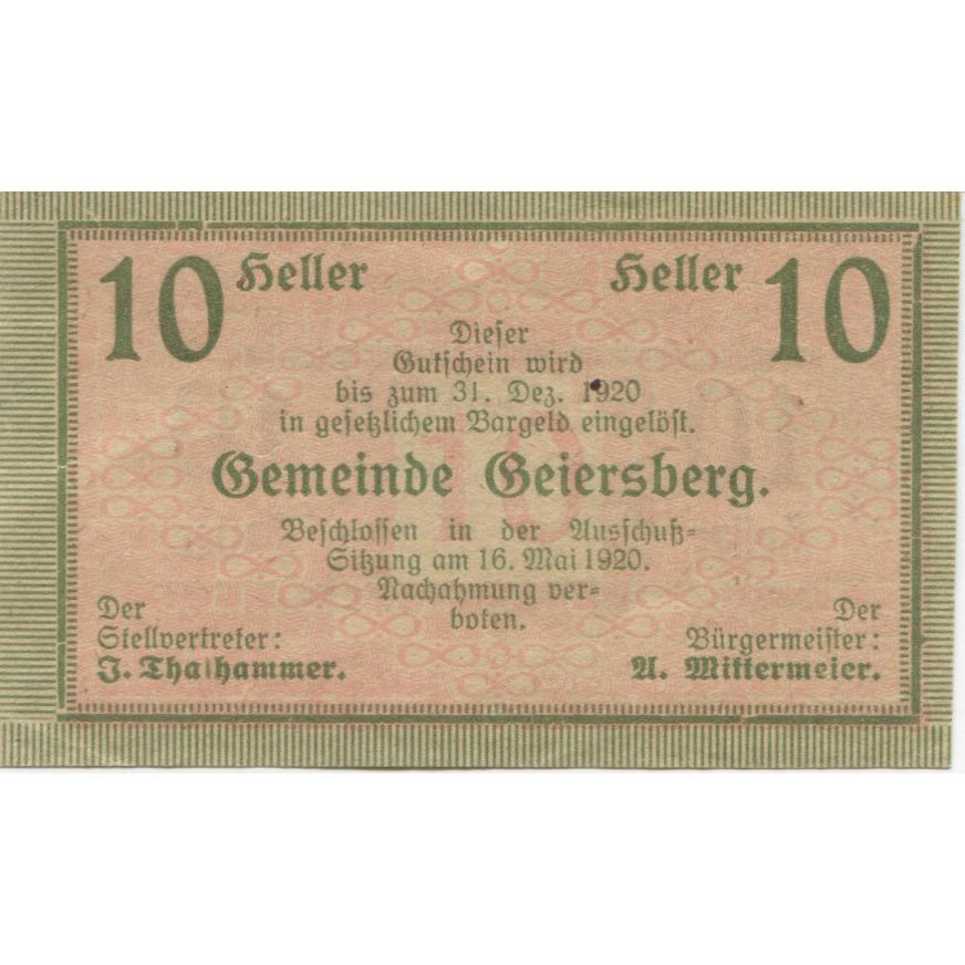 Banknote, Austria, Geiersberg, 10 Heller face value 1920 UNC(63) Mehl:FS 227a
