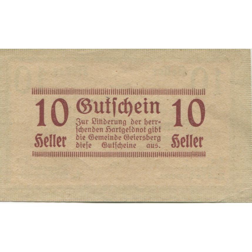 Banknote, Austria, Geiersberg, 10 Heller face value 1920 UNC(63) Mehl:FS 227a