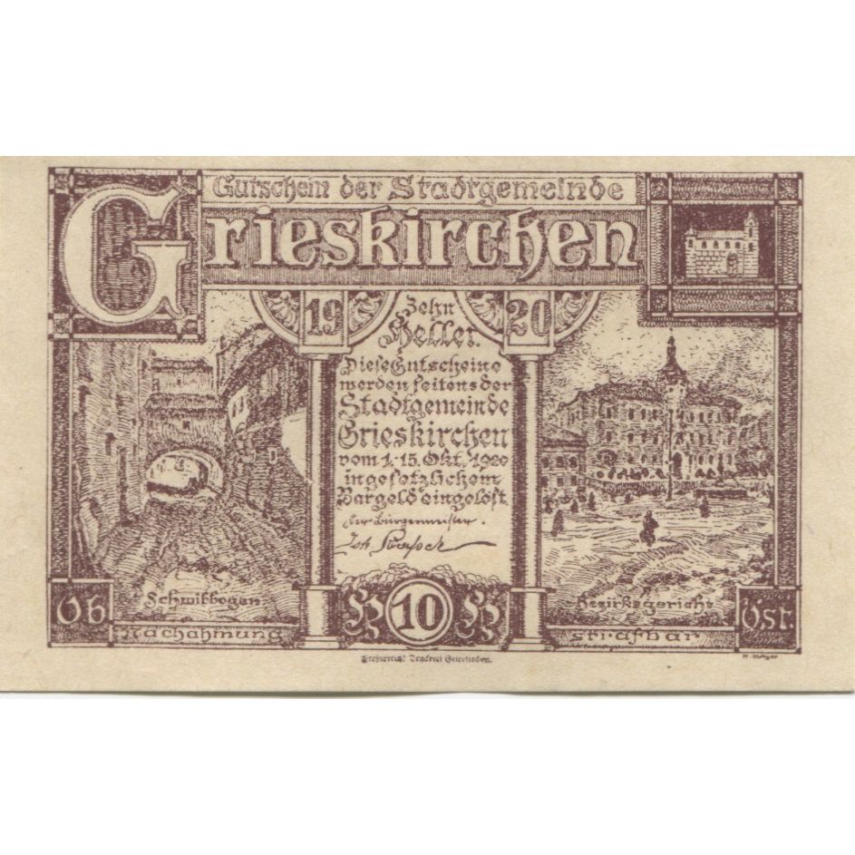 Banknote, Austria, Grieskirchen, 10 Heller, rue, 1920 UNC(63) Mehl:FS 288IIIa