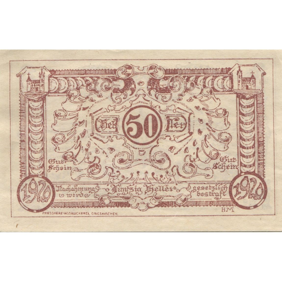 Banknote, Austria, Grieskirchen, 50 Heller, Eglise, 1920 UNC(63) Mehl:FS 288IIIa