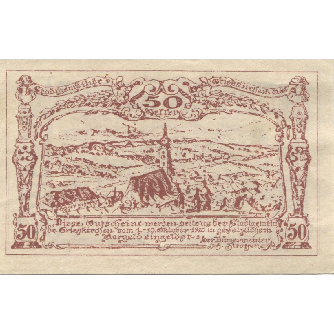 Banknote, Austria, Grieskirchen, 50 Heller, Eglise, 1920 UNC(63) Mehl:FS 288IIIa