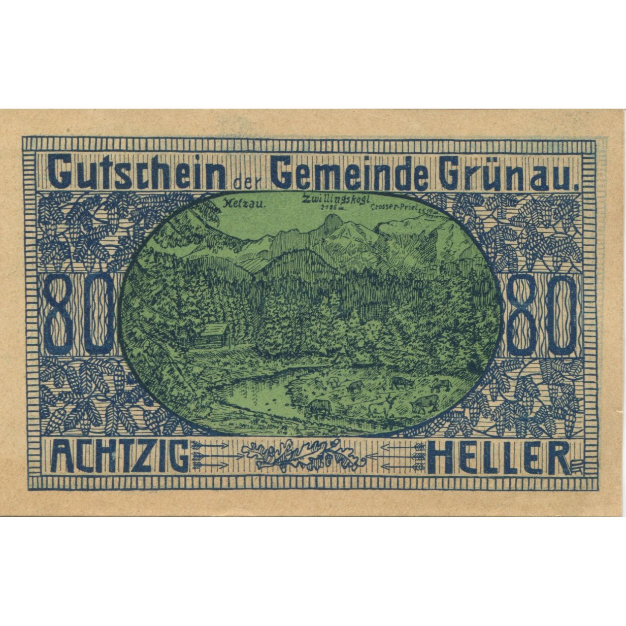 Banknote, Austria, Grünau, 80 Heller, paysage, 1920 UNC(63) Mehl:FS 300c
