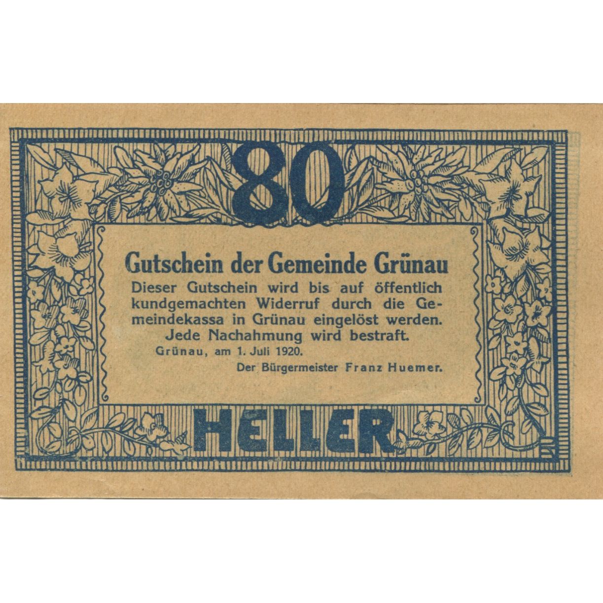 Banknote, Austria, Grünau, 80 Heller, paysage, 1920 UNC(63) Mehl:FS 300c