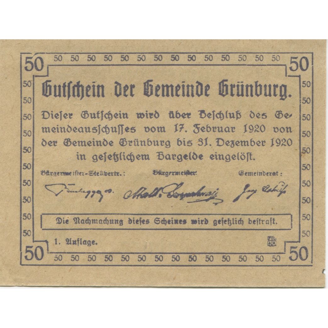 Billet, Autriche, Grunburg, 50 Heller, Eglise 1920-12-31, SPL, Mehl:FS 303Ia