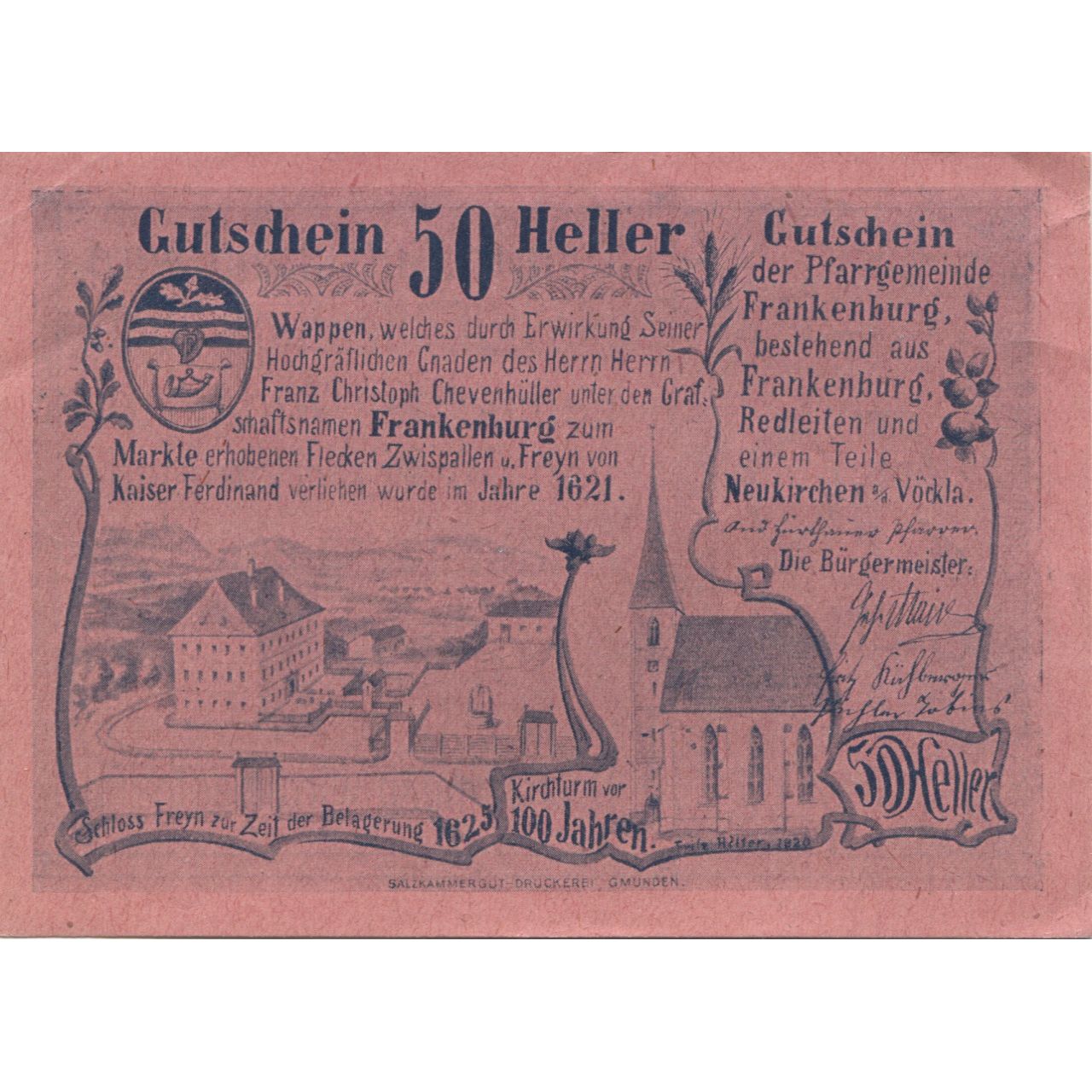 Banknote, Austria, Frankenburg, 50 Heller, village, 1920, UNC(63), Mehl:FS 207b