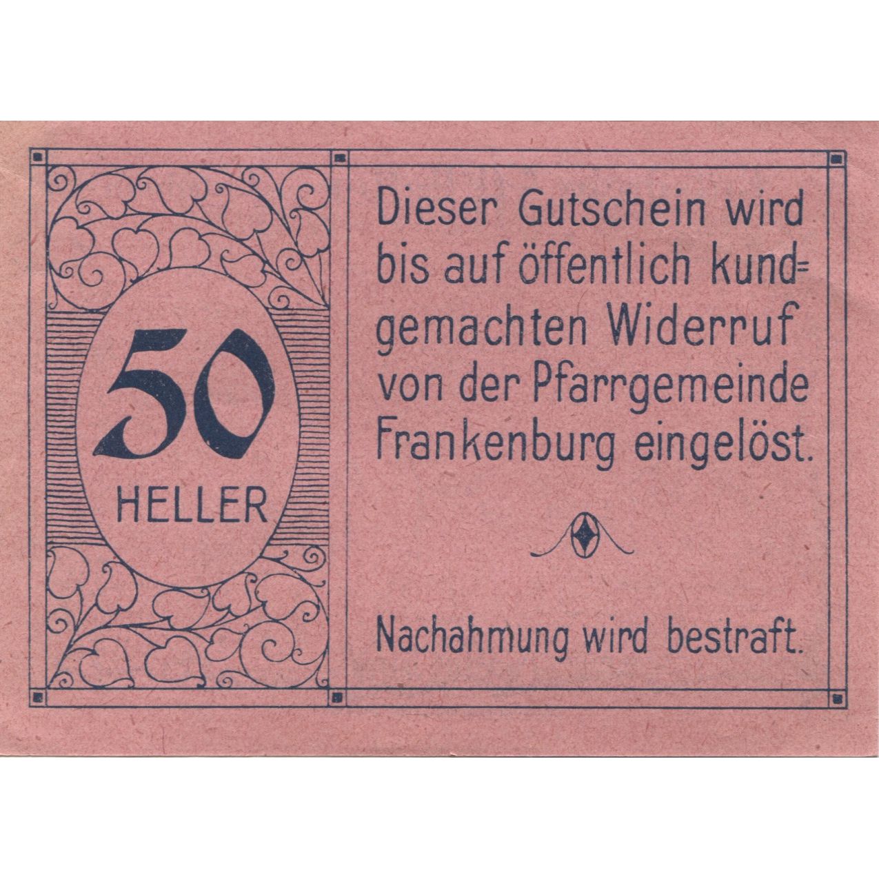 Banknote, Austria, Frankenburg, 50 Heller, village, 1920, UNC(63), Mehl:FS 207b