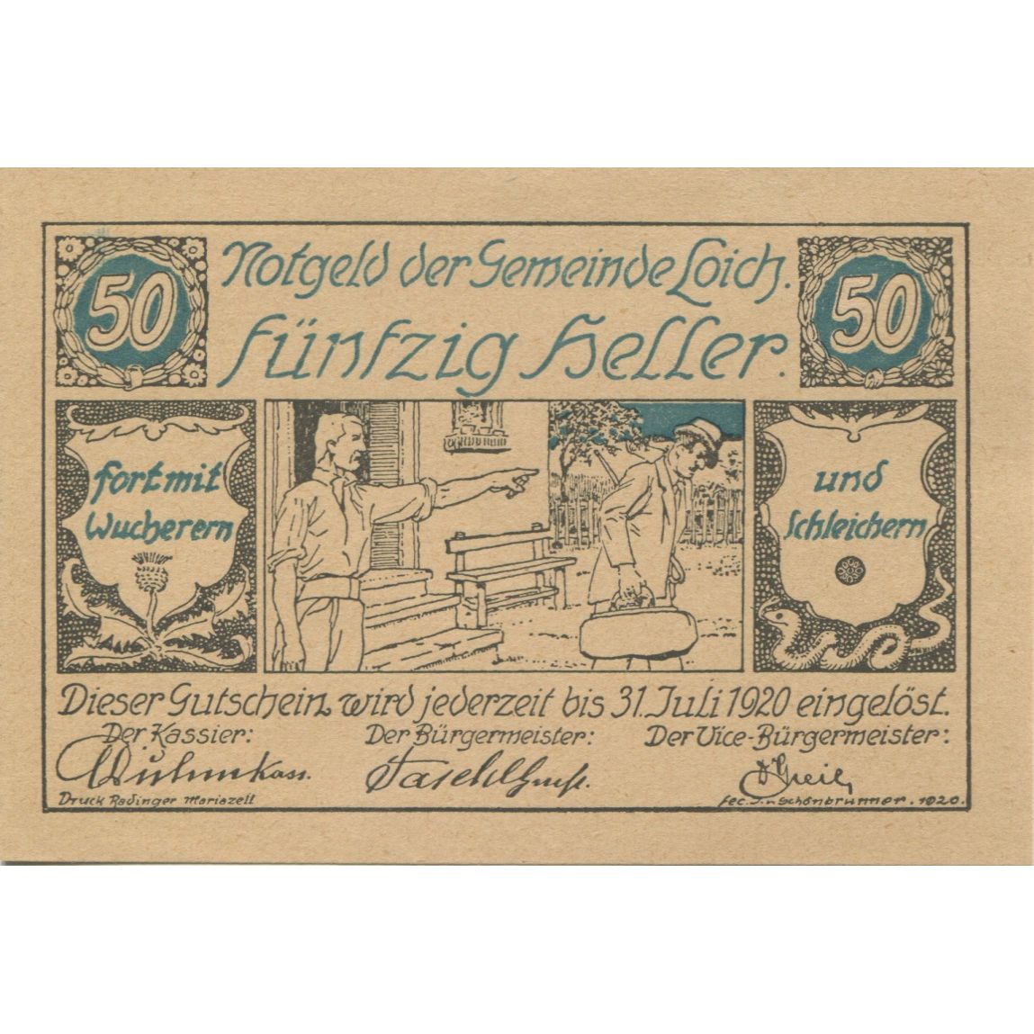 Banknote, Austria, LOICH, 50 Heller, personnage, 1920 UNC(63) Mehl:FS 562.03