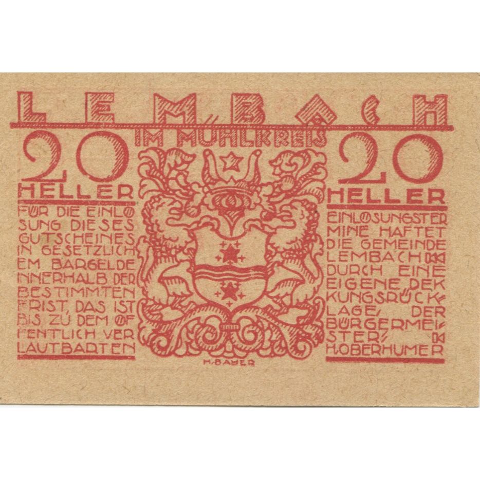 Banknote, Austria, Lembach, 20 Heller, paysage, 1920, UNC(63), Mehl:FS 510e