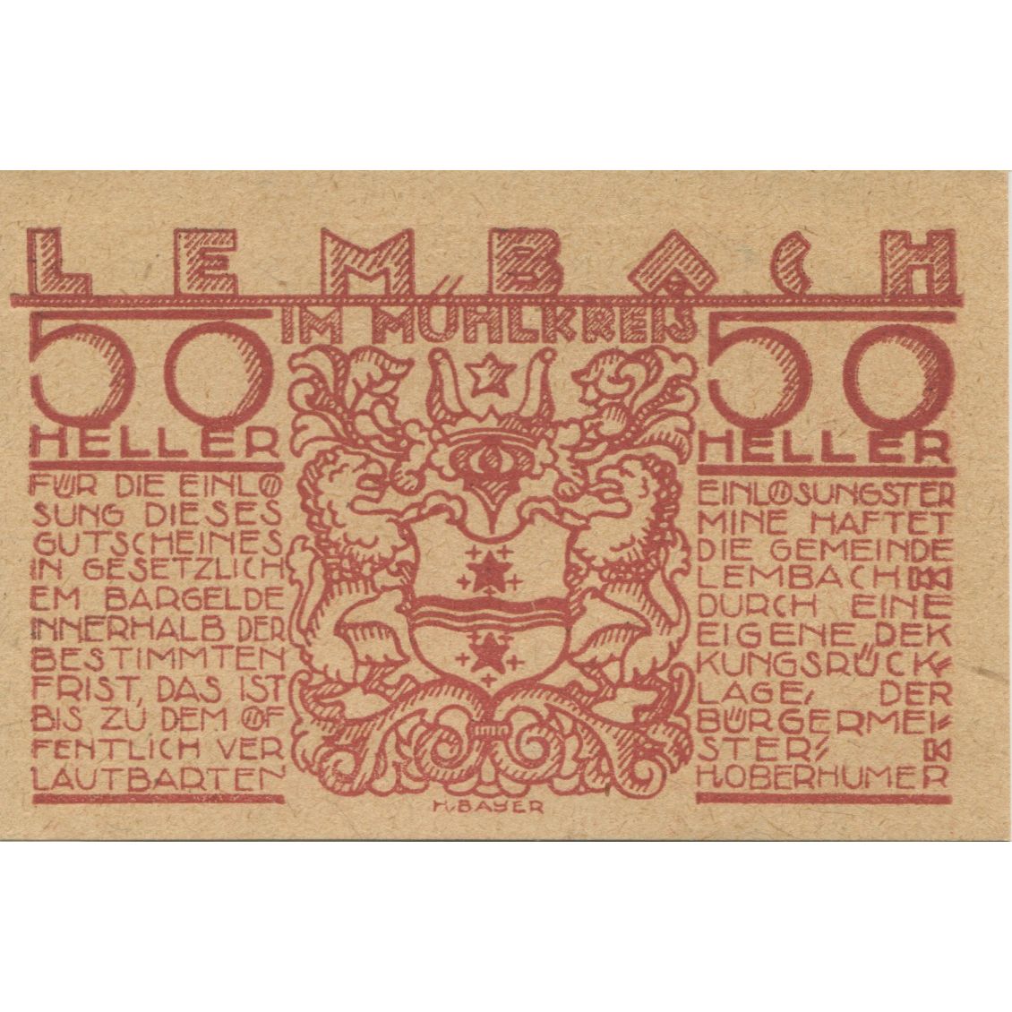 Banknote, Austria, Lembach, 50 Heller, village, 1920, UNC(63), Mehl:FS 510e
