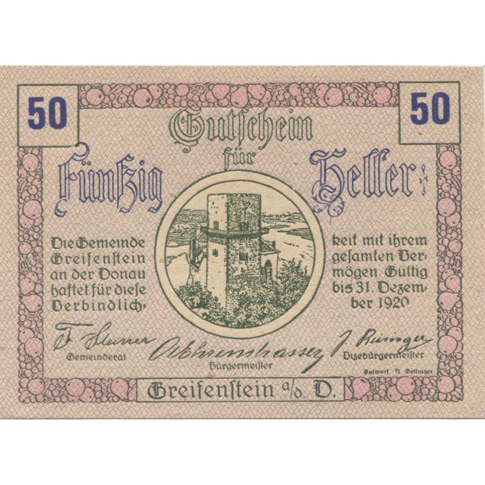 Banknote, Austria, Greifenstein, 50 Heller, château, 1920 UNC(63) Mehl:FS 275d