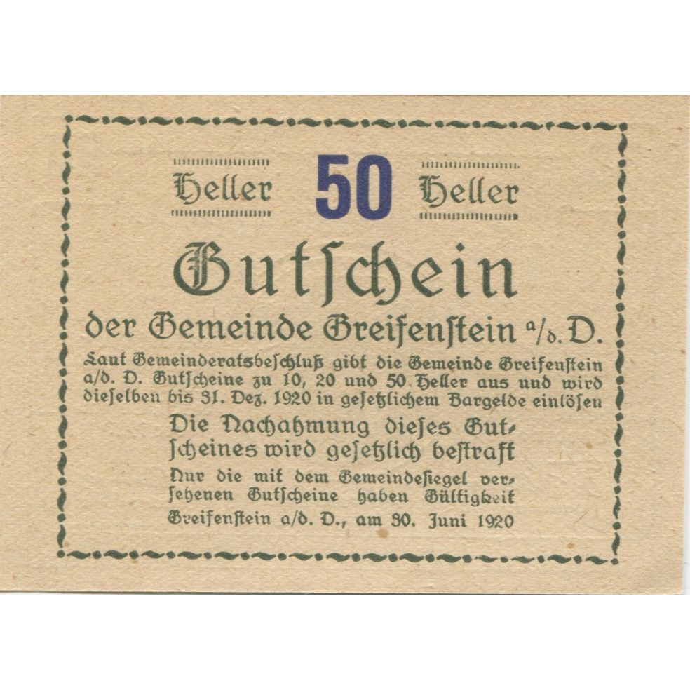 Banknote, Austria, Greifenstein, 50 Heller, château, 1920 UNC(63) Mehl:FS 275d