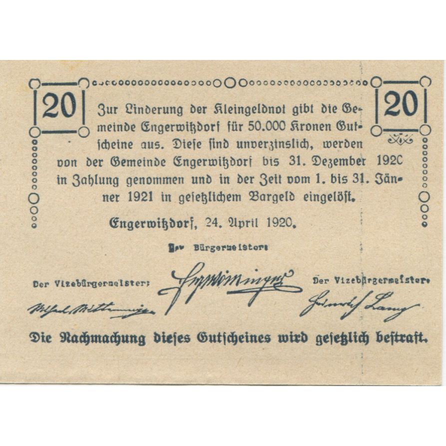 Banknote, Austria, Engerwitzdorf, 20 Heller, champs, 1920 UNC(63) Mehl:FS 173