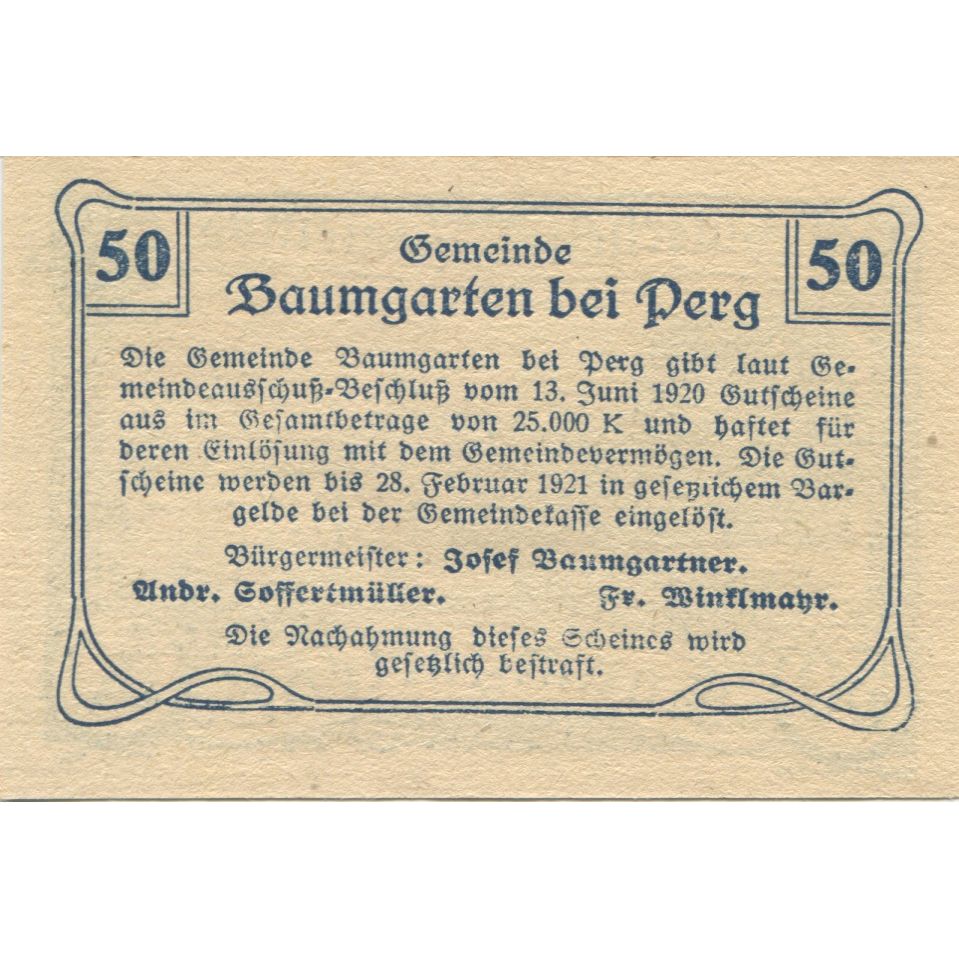 Geldschein, Österreich, Baumgarten, 50 Heller, château, 1921 UNZ- Mehl:FS 78a
