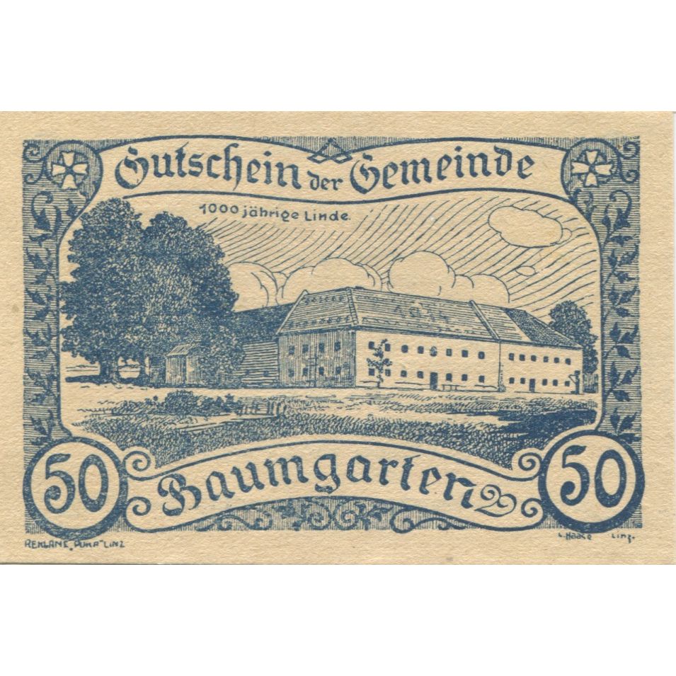 Geldschein, Österreich, Baumgarten, 50 Heller, château, 1921 UNZ- Mehl:FS 78a