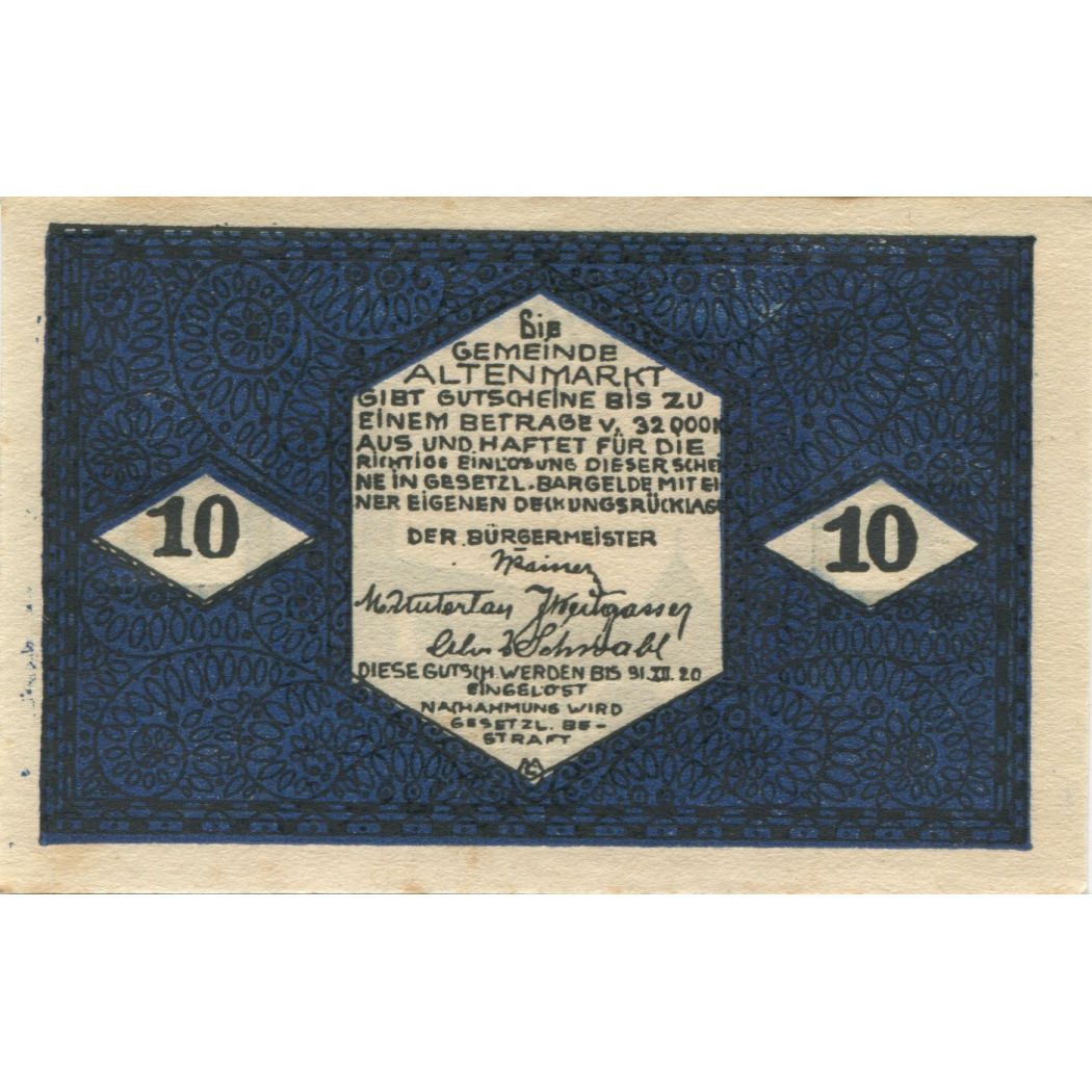 Geldschein, Österreich, Altenmarkt, 10 Heller, Eglise 1920-12-31 VZ+ Mehl:FS 31a