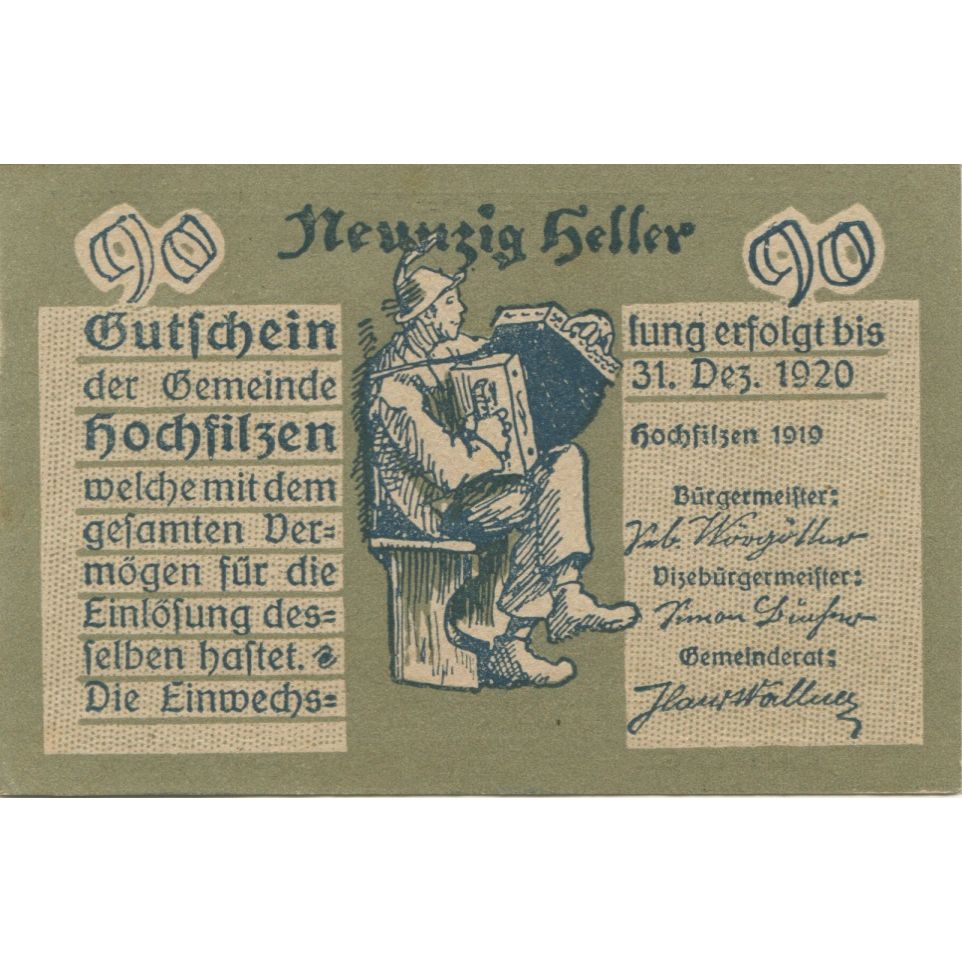 Banconote, Austria, Hochfilzen, 90 Heller, personnage 1920 SPL Mehl:FS 382a