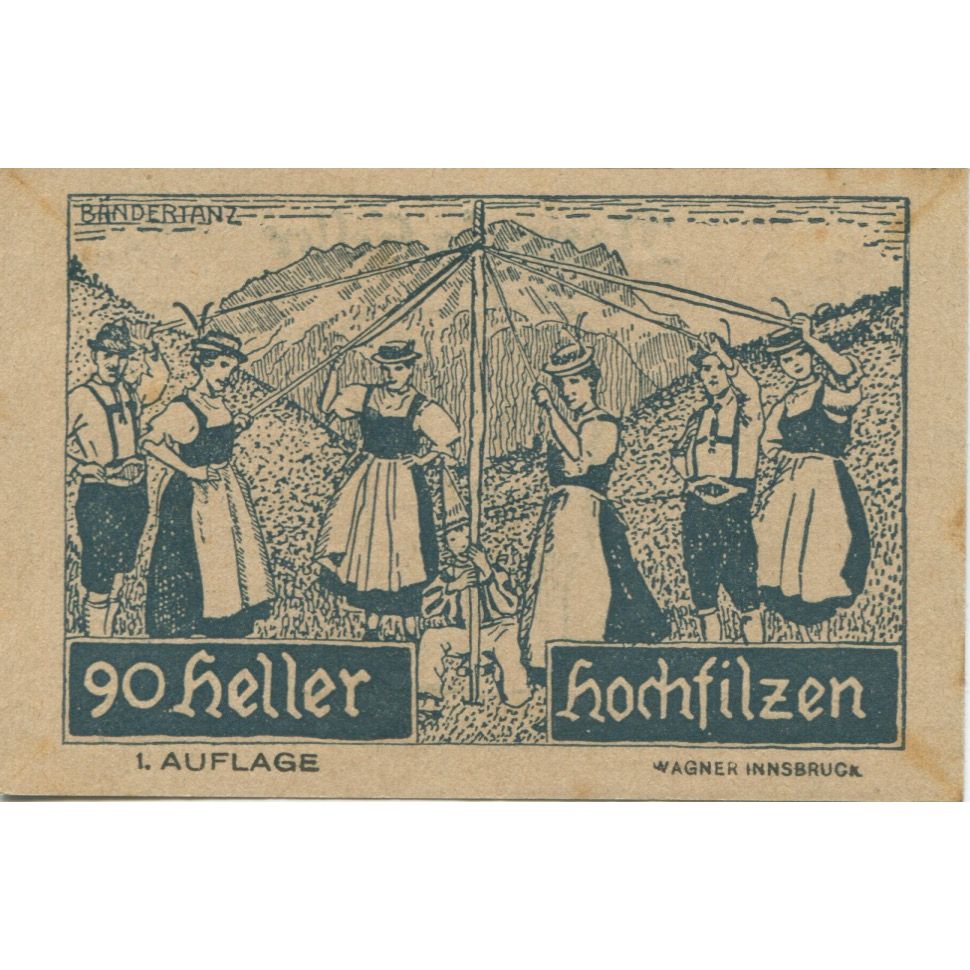 Banconote, Austria, Hochfilzen, 90 Heller, personnage 1920 SPL Mehl:FS 382a