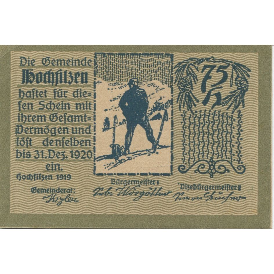 Banknote, Austria, Hochfilzen, 75 Heller, skieur, 1920 UNC(63) Mehl:FS 382a