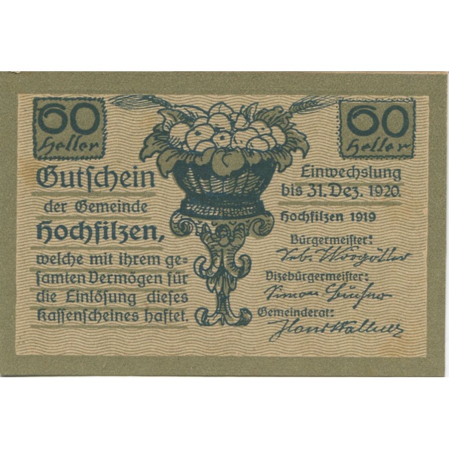 Banconote, Austria, Hochfilzen, 60 Heller, fruit 1920-12-31, SPL Mehl:FS 382a