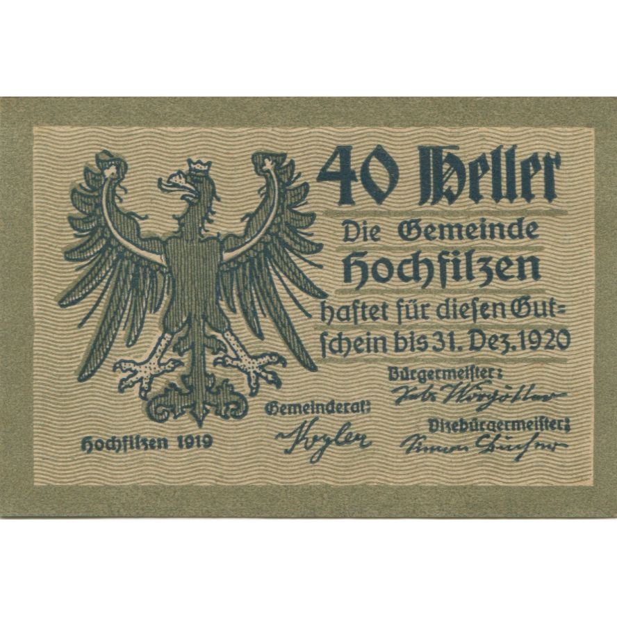 Geldschein, Österreich, Hochfilzen, 40 Heller, aigle, 1920 UNZ- Mehl:FS 382a